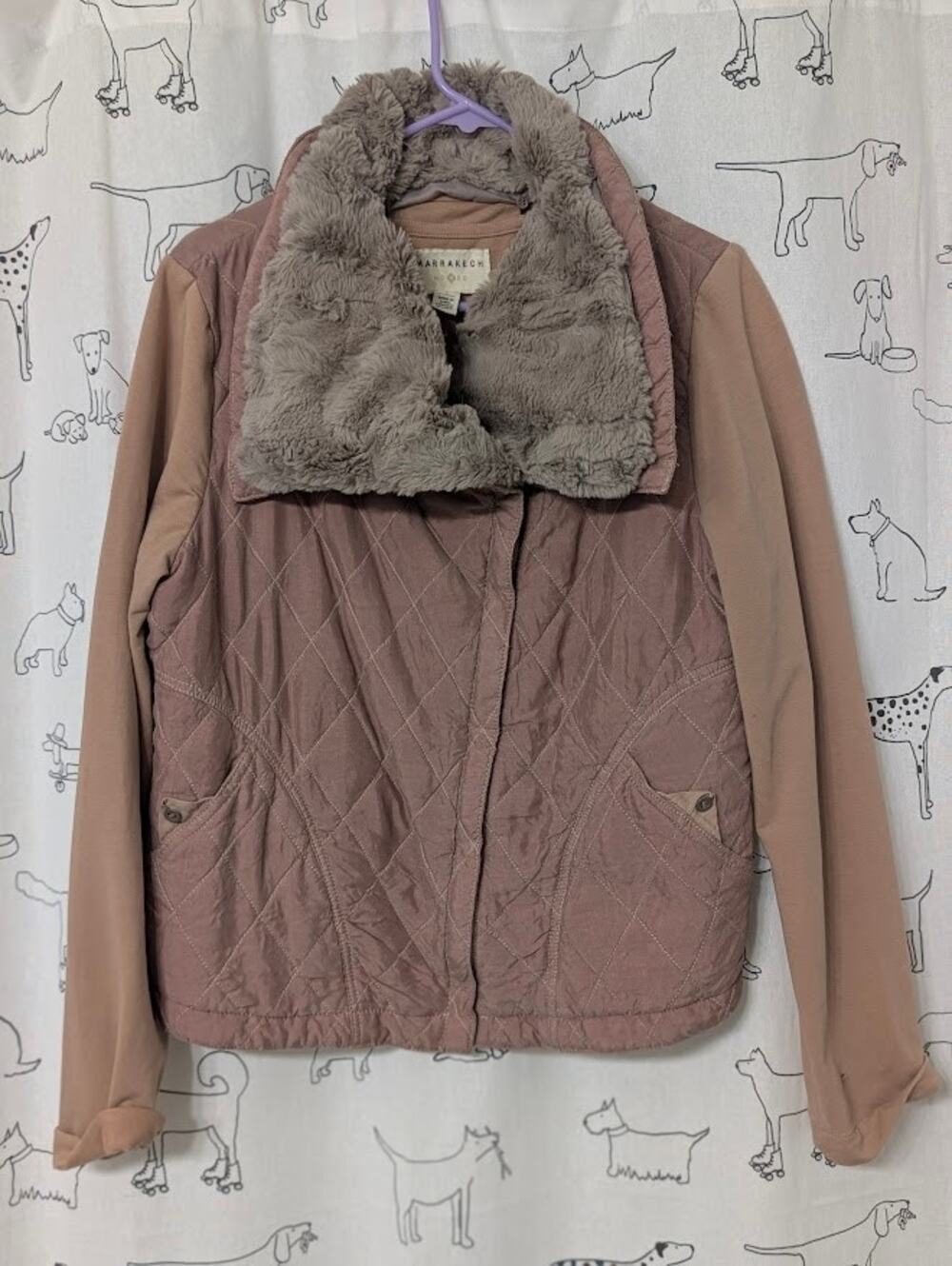 Marrakech Anthropologie Quilted Blush Coat Womens L Faux Fur Collar Fall Winter